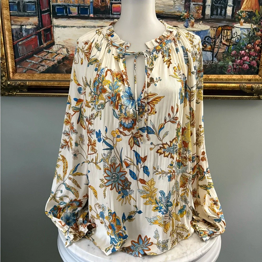 Current Air Multicolor Floral Satin Peasant Blouse Size M - Picture 2 of 15